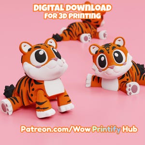 Op de afbeelding: Oranje en zwarte tijgerbeeldjes met witte accenten op een roze achtergrond. De tekst "DIGITAL DOWNLOAD FOR 3D PRINTING" staat bovenaan. De website-adres "Patreon.com/Wow Printify Hub" staat onderaan.