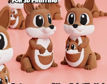May include: A digital download for 3D printing featuring multiple brown and white kangaroo figurines with large eyes. One kangaroo has a smaller joey in its pouch. The text reads DIGITAL DOWNLOAD FOR 3D PRINTING and Patreon.com/WowPrintifyHub.