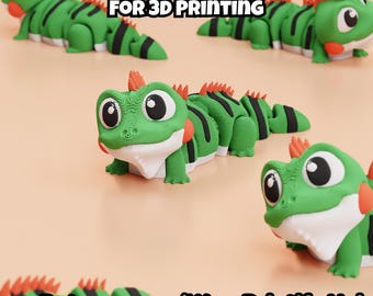 May include: A digital download for 3D printing featuring multiple articulated lizard figures. Each lizard is green with black stripes, a white chin, and orange spikes along the back. The text reads DIGITAL DOWNLOAD FOR 3D PRINTING and Patreon.com/WowPrintifyHub.