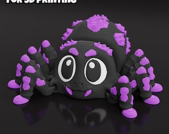 May include: A 3D printed spider figurine featuring a black body with vibrant purple accents on its back and legs. The spider has large, expressive white eyes and a friendly facial expression. Text at the top reads DIGITAL DOWNLOAD FOR 3D PRINTING.