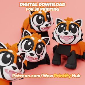 Op de afbeelding: Vier cartoon rode panda figuren met oranje, zwarte en witte kleuren. De figuren hebben grote ogen en roze tongen. Tekst bovenaan luidt "DIGITALE DOWNLOAD VOOR 3D PRINTEN" en onderaan "Patreon.com/Wow Printify Hub".