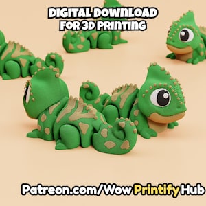 May include: Multiple 3D printed green and tan chameleon figures with large eyes and curled tails. The text DIGITAL DOWNLOAD FOR 3D PRINTING and Patreon.com/Wow Printify Hub is visible. These articulated lizard models feature a layered texture.