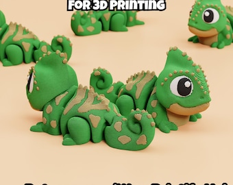 May include: Multiple 3D printed green and tan chameleon figures with large eyes and curled tails. The text DIGITAL DOWNLOAD FOR 3D PRINTING and Patreon.com/Wow Printify Hub is visible. These articulated lizard models feature a layered texture.