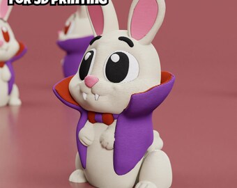 May include: A white 3D printed rabbit figurine wearing a purple cape with an orange interior and a red bowtie. The rabbit has large black eyes, a pink nose, and two white fangs. Text reads: DIGITAL DOWNLOAD FOR 3D PRINTING and Patreon.com/WowPrintifyHub.