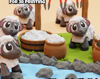 May include: A 3D printed diorama featuring cartoon sheep with grey faces and white wool, a wooden tub with white foam, brown pots, and grey rocks on a blue textured base. Text reads: DIGITAL DOWNLOAD FOR 3D PRINTING and Patreon.com/WowPrintifyHub.