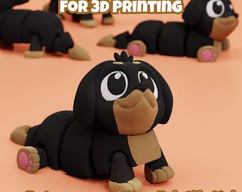 May include: Black and tan dachshund dog figurine, designed for 3D printing. The dog is lying down with its paws extended. The image includes the text "DIGITAL DOWNLOAD FOR 3D PRINTING" and "Patreon.com/Wow Printify Hub".