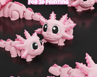 May include: Multiple light pink articulated axolotl figures with large black eyes and textured surfaces. The text reads DIGITAL DOWNLOAD FOR 3D PRINTING and Patreon.com/Wow Printify Hub. These figures feature segmented bodies and external gills.