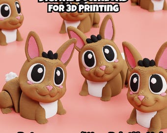 May include: Multiple brown rabbit figurines with large black eyes, pink inner ears, and white chest patches. The text reads DIGITAL DOWNLOAD FOR 3D PRINTING and Patreon.com/WowPrintifyHub. These figures feature visible horizontal layer lines.