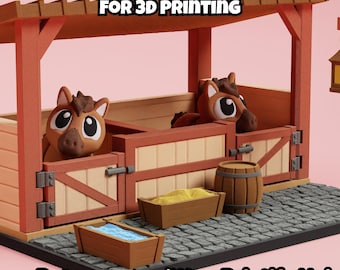 May include: A 3D printed model of a wooden horse stable featuring two brown horses with large eyes, a barrel, a hay trough, and a water trough on a cobblestone base. The text DIGITAL DOWNLOAD FOR 3D PRINTING and Patreon.com/WowPrintifyHub are visible.