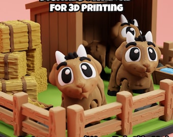 May include: A 3D printed farm scene featuring two brown horned creatures with large eyes, a wooden barn, a stack of hay bales, and a fence. The text reads DIGITAL DOWNLOAD FOR 3D PRINTING and Patreon.com/Wow Printify Hub.