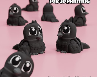 May include: Multiple matte black 3D printed bird figurines with large white eyes and textured feathers. The text DIGITAL DOWNLOAD FOR 3D PRINTING and Patreon.com/WowPrintifyHub is visible. The birds are arranged in a group on a solid pink surface.