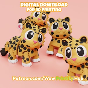 May include: Four yellow toy leopards with black spots and white paws are arranged on a pink background. The toys have large black eyes, pink noses, and the text "DIGITAL DOWNLOAD FOR 3D PRINTING" and "Patreon.com/Wow Printify Hub" are visible.