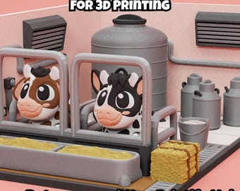 May include: A digital download for 3D printing featuring two cartoon cows in stalls with a large gray water tank, metal milk cans, a bucket, and a hay bale. The text reads DIGITAL DOWNLOAD FOR 3D PRINTING and Patreon.com/Wow PrintifyHub.
