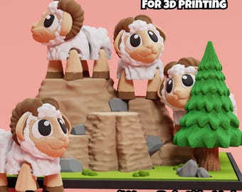 May include: Three 3D printed sheep figurines with white wool, tan faces, and large black eyes, positioned on a tan rocky terrain with a green tree. Text reads: DIGITAL DOWNLOAD FOR 3D PRINTING and Patreon.com/Wow Printify Hub.