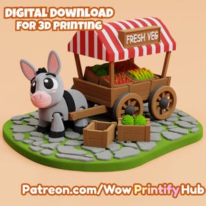 May include: A 3D-printed model of a donkey pulling a wooden cart with a red and white striped awning. The cart is labeled "FRESH VEG" and is filled with colorful produce. The base is a cobblestone design.
