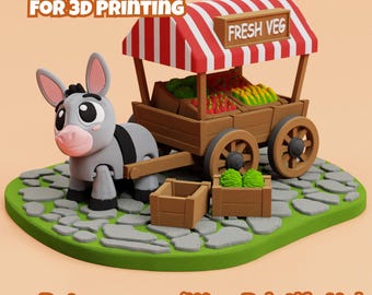 May include: A 3D-printed model of a donkey pulling a wooden cart with a red and white striped awning. The cart is labeled "FRESH VEG" and is filled with colorful produce. The base is a cobblestone design.