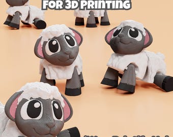 May include: Several 3D-printed toy sheep in various poses. The sheep have gray bodies, black legs, and white woolly coats. The sheep have large, cartoonish eyes and pink inner ears. Text at the top reads "DIGITAL DOWNLOAD FOR 3D PRINTING" and at the bottom "Patreon.com/WowPrintifyHub".