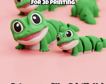 May include: Three green articulated lizard figures with large eyes and pink mouths, featuring visible 3D print layer lines. Text reads: DIGITAL DOWNLOAD FOR 3D PRINTING and Patreon.com/Wow Printify Hub.
