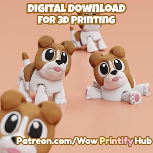Puede incluir: Cuatro perros de juguete impresos en 3D, en marrón y blanco. Los juguetes tienen grandes ojos negros y lenguas rosas. El texto "DESCARGA DIGITAL PARA IMPRESIÓN 3D" y "Patreon.com/Wow Printify Hub" son visibles.