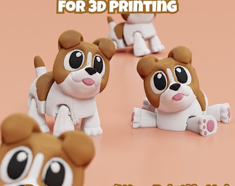 May include: Four 3D-printed toy dogs in various poses, with brown and white coloring. The toys have large black eyes and pink tongues. The text "DIGITAL DOWNLOAD FOR 3D PRINTING" and "Patreon.com/Wow Printify Hub" are visible.