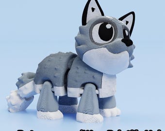 May include: A gray and white 3D-printed wolf figurine with large eyes and a friendly expression. The wolf has black accents on its ears and nose. The text "Patreon.com/Wow Printify Hub" is printed at the bottom.