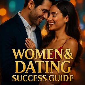 Puede incluir: Imagen de una pareja sonriendo y abrazándose, con el texto "WOMEN & DATING SUCCESS GUIDE" en letras doradas. La mujer lleva un vestido rojo, y el hombre un traje azul oscuro. El fondo tiene luces borrosas.