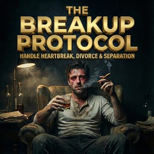 Op de afbeelding: Afbeelding van een man in een benarde toestand, zittend in een versleten fauteuil, met een glas amberkleurige vloeistof en een sigaar. De tekst "THE BREAKUP PROTOCOL" wordt hierboven weergegeven, met de ondertitel "HANDLE HEARTBREAK, DIVORCE & SEPARATION".