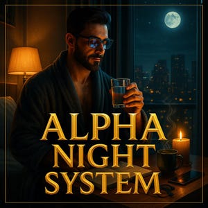以下が含まれることがあります： 金色の文字で「ALPHA NIGHT SYSTEM」と書かれた画像。メガネとバスローブを着た人が、水を入れたグラスを持っています。テーブルには、火のついたろうそく、マグカップ、スマートフォンがあります。背景には、ランプと街の景色が見える窓があります。