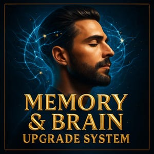 Könnte beinhalten: Digitalillustration eines Mannes mit geschlossenen Augen, Bart und dunklem Haar, vor einem dunkelblauen Hintergrund. Das Bild zeigt leuchtende blaue Linien, die Gehirnaktivität suggerieren, mit dem Text "MEMORY & BRAIN UPGRADE SYSTEM" in Gold.