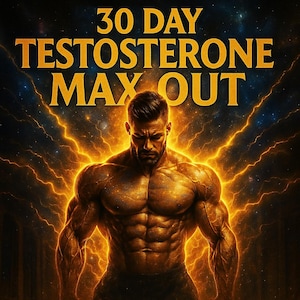 Puede incluir: Ilustración digital de un hombre musculoso con barba, iluminado por una luz dorada. El texto "30 DAY TESTOSTERONE MAX OUT" se muestra en oro sobre el hombre. El fondo presenta un cielo oscuro y estrellado con rayos dorados.