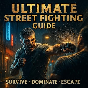 May include: An action-packed image with the text "ULTIMATE STREET FIGHTING GUIDE." A man throws a punch in a street setting, with the words "SURVIVE • DOMINATE • ESCAPE" at the bottom. The image has a dark, gritty aesthetic.