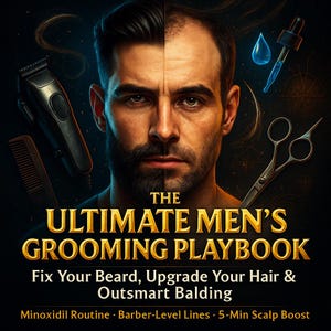May include: An illustrated advertisement for a men's grooming guide. The image features a split portrait of a man, one side with a full beard and styled hair, the other with thinning hair. Text reads "THE ULTIMATE MEN'S GROOMING PLAYBOOK".