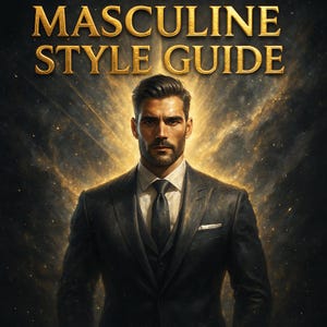 Puede incluir: Un hombre con un traje gris oscuro, camisa blanca y corbata negra. El texto "MASCULINE STYLE GUIDE" está en letras doradas en la parte superior. El fondo es un diseño oscuro y estrellado con luz dorada irradiando detrás del hombre.