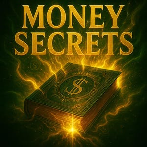 May include: A book titled "MONEY SECRETS" with a dollar sign on the cover. The book is green with gold accents and is surrounded by a golden glow. The background is dark green.