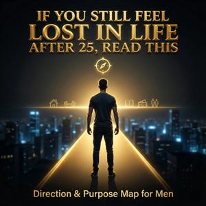 Op de afbeelding: Afbeelding met de tekst "IF YOU STILL FEEL LOST IN LIFE AFTER 25, READ THIS." Een man staat op een gloeiend pad, met uitzicht op een stadsgezicht. De tekst "Direction & Purpose Map for Men" staat onderaan. De afbeelding heeft een donker kleurenschema met gouden accenten.