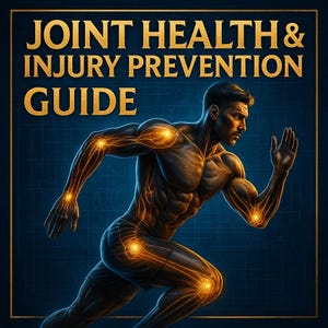 May include: A book cover with the text "JOINT HEALTH & INJURY PREVENTION GUIDE" in gold lettering. The image shows a muscular person running, with glowing lines highlighting joints. The background is a dark blue grid.
