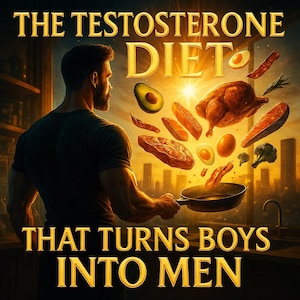 Puede incluir: Ilustración con el texto "THE TESTOSTERONE DIET THAT TURNS BOYS INTO MEN." Un hombre cocina varios alimentos, incluyendo carne, huevos y verduras. La imagen tiene una paleta de colores cálidos y dorados, sugiriendo un enfoque en la nutrición y la salud.