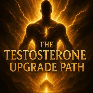 Puede incluir: Ilustración digital con una silueta oscura de una figura musculosa sobre un fondo de rayos dorados. El texto "THE TESTOSTERONE UPGRADE PATH" se muestra en letras doradas, sugiriendo un tema de superación personal o salud.