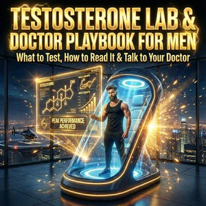 May include: An image with the text "TESTOSTERONE LAB & DOCTOR PLAYBOOK FOR MEN". A man in a black tank top and pants stands inside a futuristic pod. A screen displays a diagram of testosterone and the words "PEAK PERFORMANCE ACHIEVED".