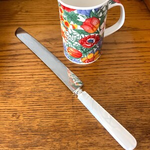 May include: A floral-patterned mug with a white interior and handle, next to a butter knife with a silver blade and a white, marbled handle. The mug features red, orange, and yellow flowers.