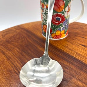 May include: A silver ladle with a rounded bowl and long handle rests on a wooden surface. A floral-patterned mug with red, yellow, and white flowers is in the background. The ladle is a kitchen utensil.
