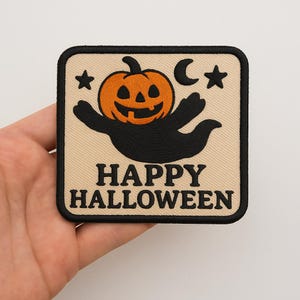 Embroidered Pumpkin Ghost Patch: Happy Halloween Iron-On Applique