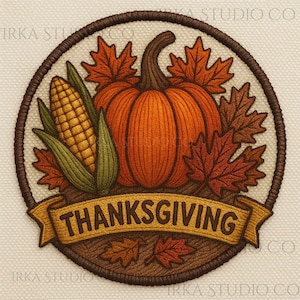 Parche bordado de Acción de Gracias: Pavo, calabazas y hojas de otoño - Insignia termoadhesiva
