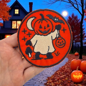 Embroidered Ghost Pumpkin Patch Iron-On Applique: Halloween Costume Decor
