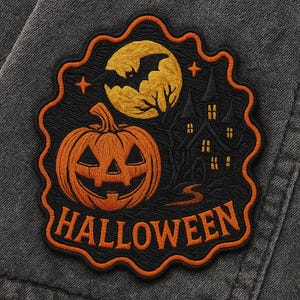 Embroidered Halloween Patch: Spooky Pumpkin, Ghost, Haunted House - Iron-On Applique