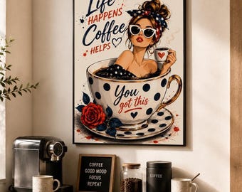 Life Happens Coffee Helps Wall Art Printable, Coffee Lover Gift, Retro Kitchen Decor, Coffee Bar Print, Digital Download