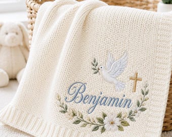 Personalized Baptism Baby Blanket with Dove and Cross, Custom Name Knit Christening Gift, Baby Boy Religious Nursery Keepsake Gift