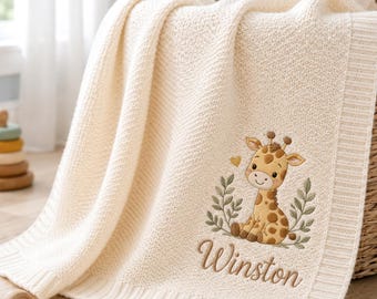 Personalized Giraffe Baby Blanket, Custom Name Knit Nursery Throw, Safari Newborn Keepsake