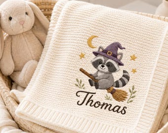 Personalized Raccoon Baby Blanket, Embroidered Witch Halloween Nursery Throw, Custom Name Knit Blanket, Woodland Newborn Gift for Kids