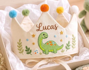 Personalized Dinosaur Birthday Crown, Embroidered Name Party Hat, First Birthday Boy Gift, Dino Cake Smash Photo Prop, Baby Keepsake